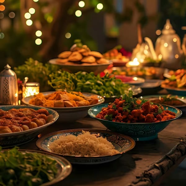 A table laden with various Indian dishes, including rice, curries, and appetizers, under festive lights.